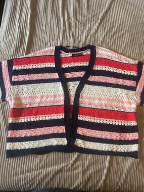 Lane Bryant Navy, Red, Pink, White Striped Crochet Short-Sleeve Cardigan